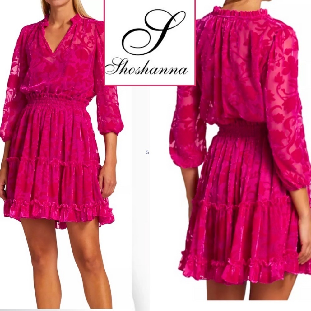 SHOSHANNA,Arlene Tiered Exquisite Velvet Mini-dress In Fuchsia,Fabulous!Size 12